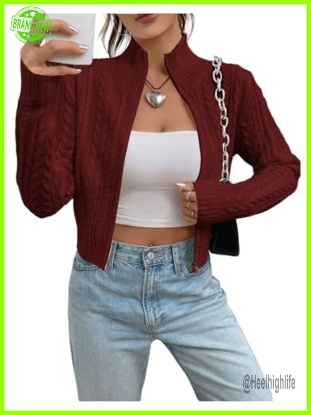 Cropped Cable Knit Zip Cardigan Long Sleeve Mock Neck Fall Sweater